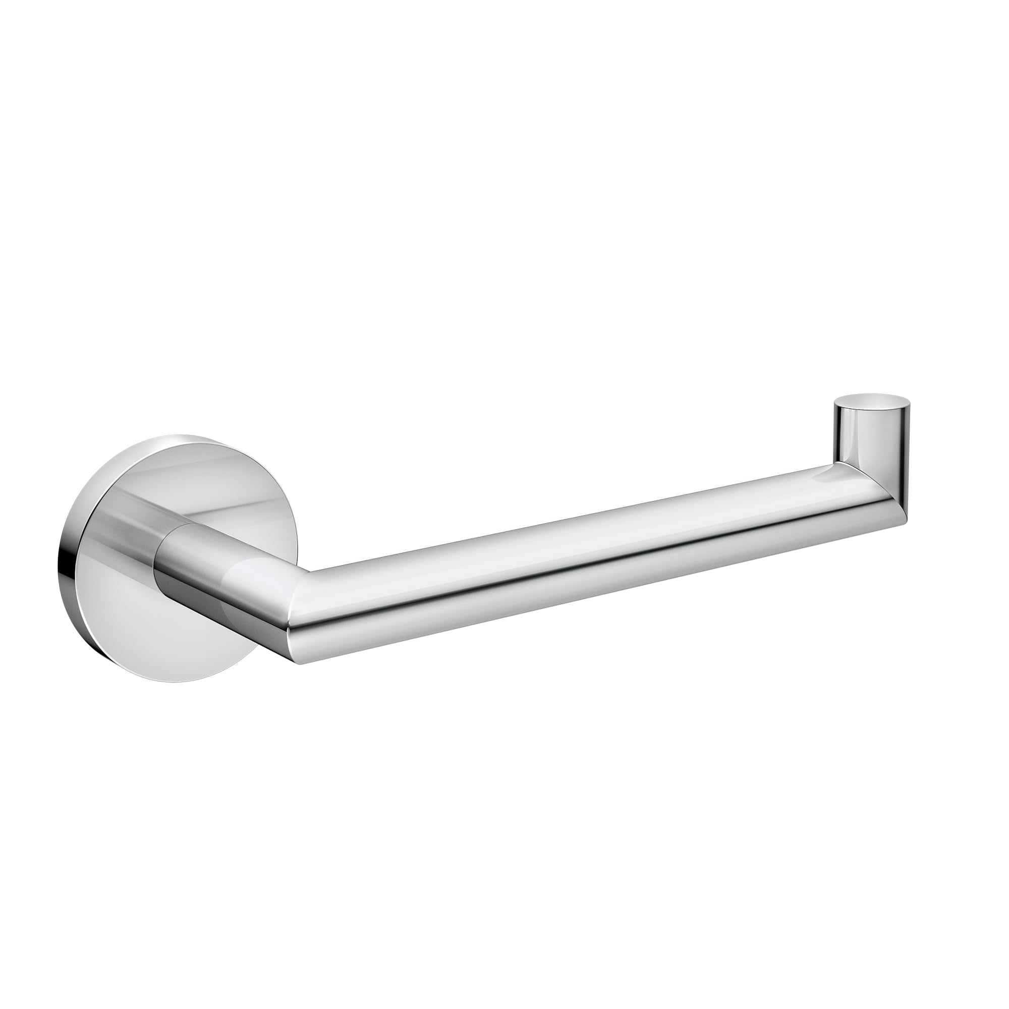 Chrome single post toilet paper holder with circular wall mount and horizontal bar with vertical end post.