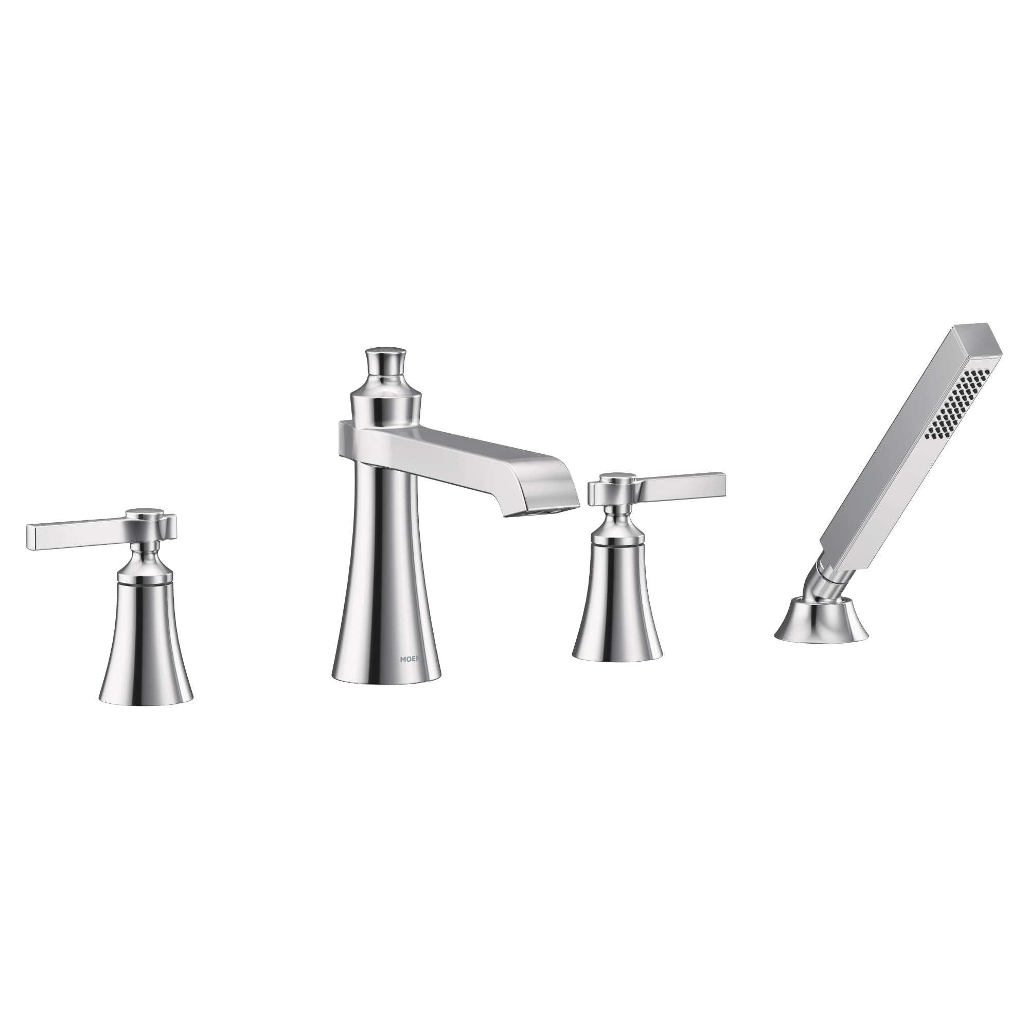 Chrome Roman tub faucet trim kit with two lever handles, curved spout, and detachable handheld showerhead.