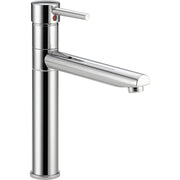 Chrome single-handle kitchen faucet with cylindrical body, angled spout, and red temperature indicator on handle.