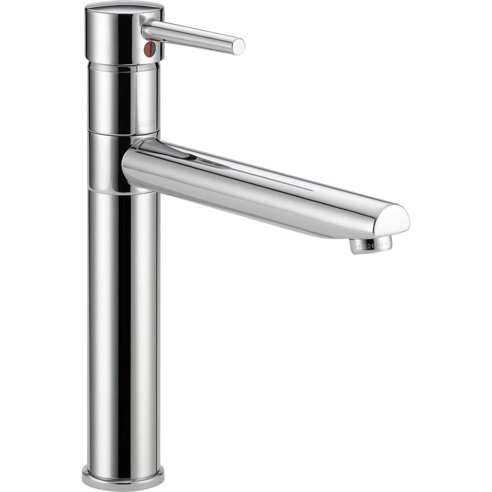Chrome single-handle kitchen faucet with cylindrical body, angled spout, and red temperature indicator on handle.