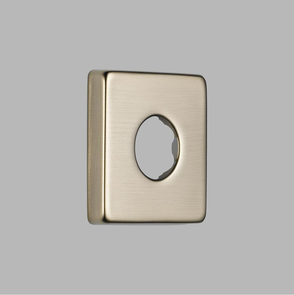 Brushed nickel rectangular shower flange with centered oval opening.