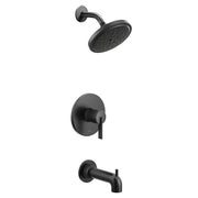 Matte black tub and shower trim kit with single handle valve, overhead showerhead, and tub spout.