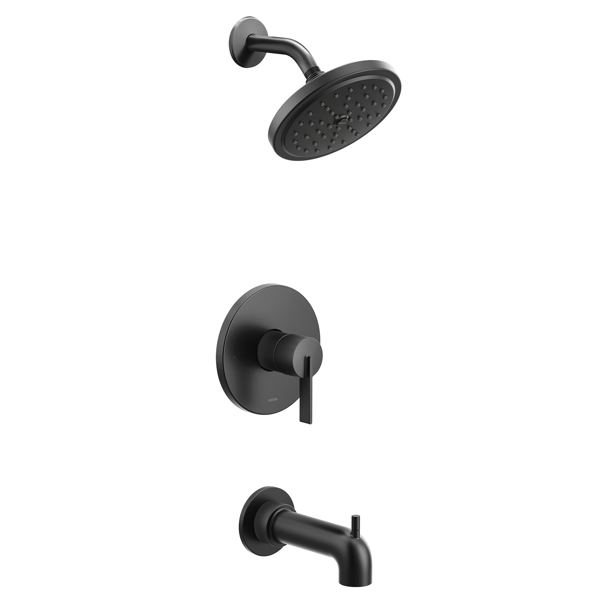 Matte black tub and shower trim kit with single handle valve, overhead showerhead, and tub spout.