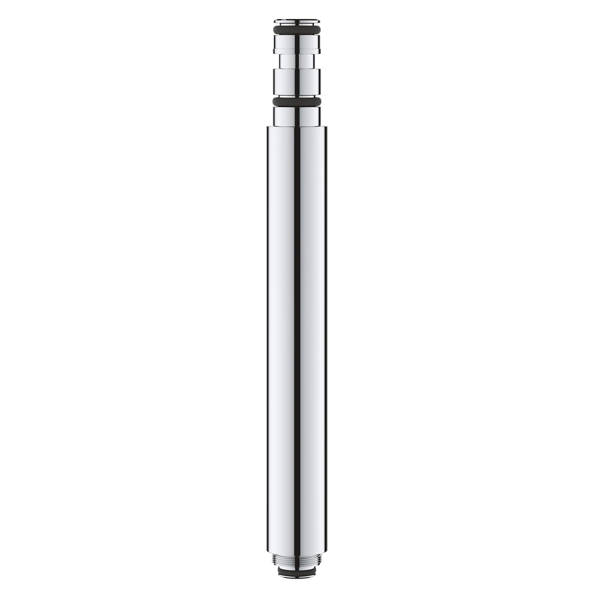Chrome extension tube with threaded connectors at top and bottom for Grohe faucet installation.