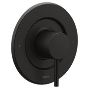 Moen matte black tub and shower trim kit with single lever handle and temperature indicator dots.