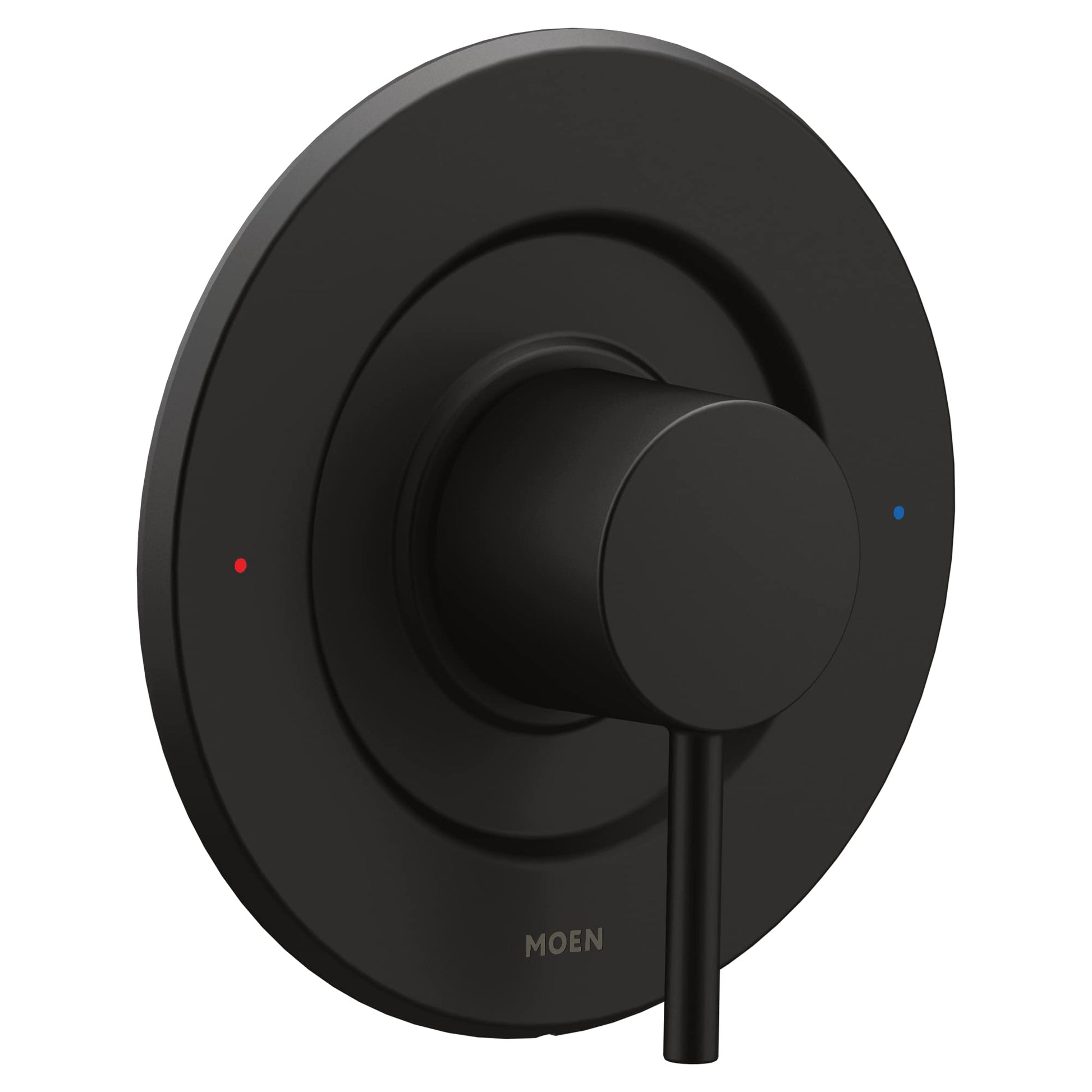 Moen matte black tub and shower trim kit with single lever handle and temperature indicator dots.