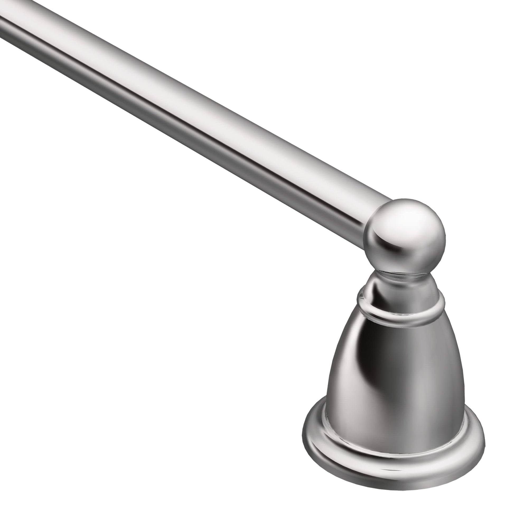 Chrome towel bar with spherical end cap and tapered wall mount bracket.