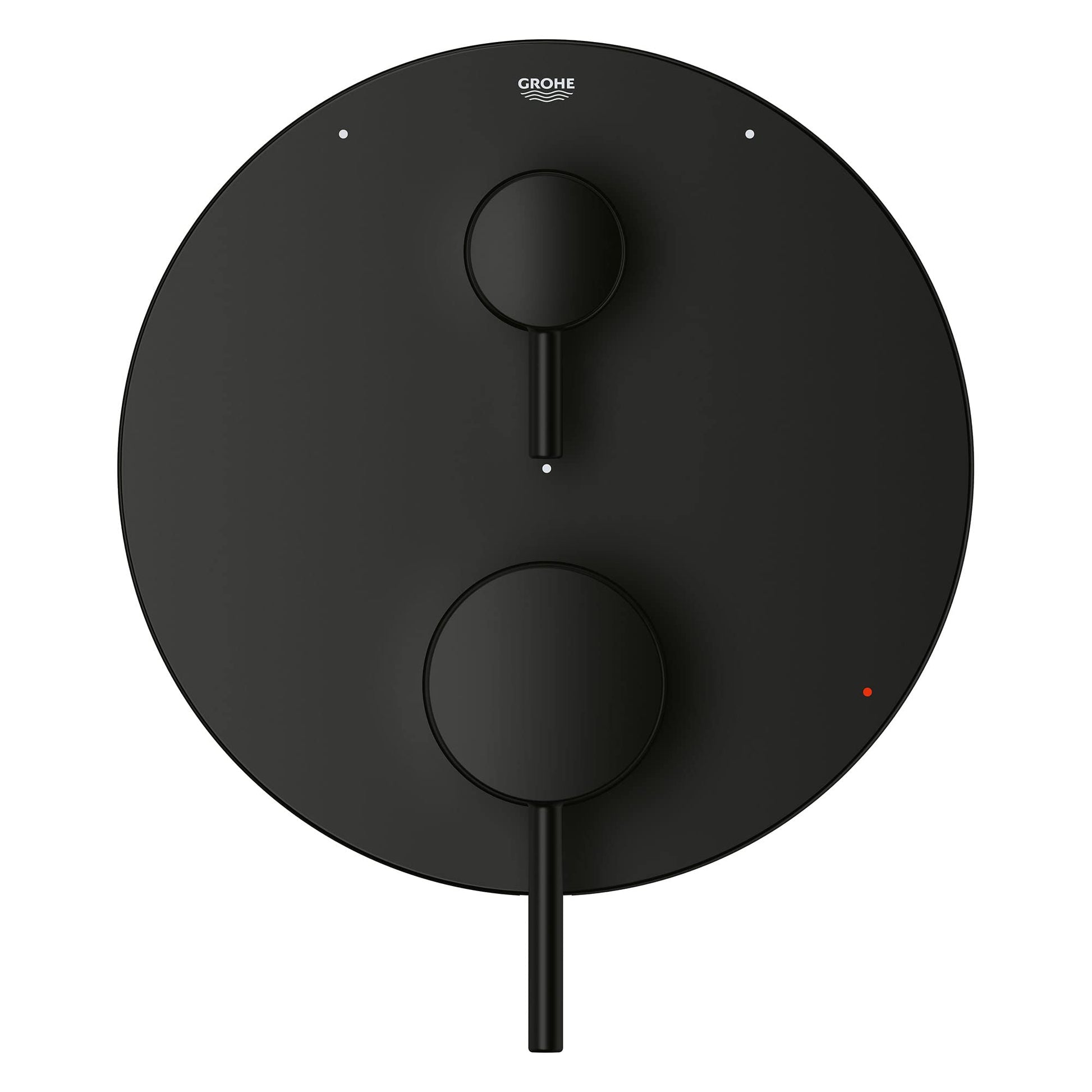 Matte black round pressure balance valve trim with two circular control knobs and single lever diverter handle.