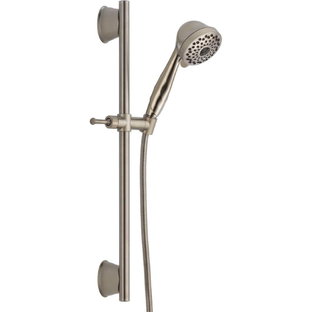 Brushed nickel slide bar shower system with perforated hand shower head and wall-mounted bracket.