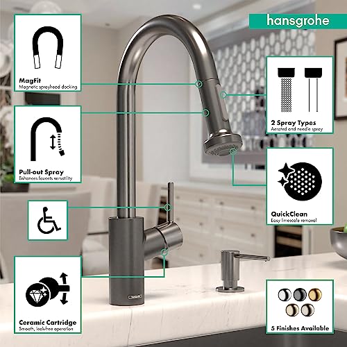 Brushed black chrome high-arc kitchen faucet with pull-down spray head and single handle lever over white sink.