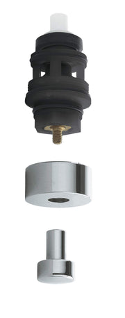 Black diverter valve cartridge with white stem and brass fitting, shown with separate chrome trim ring and escutcheon.