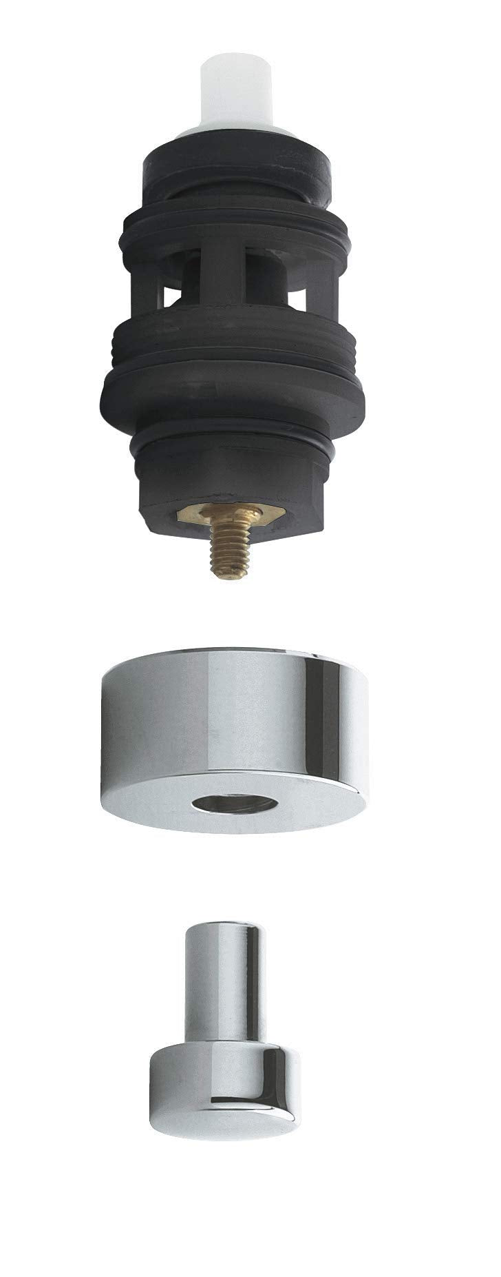 Black diverter valve cartridge with white stem and brass fitting, shown with separate chrome trim ring and escutcheon.