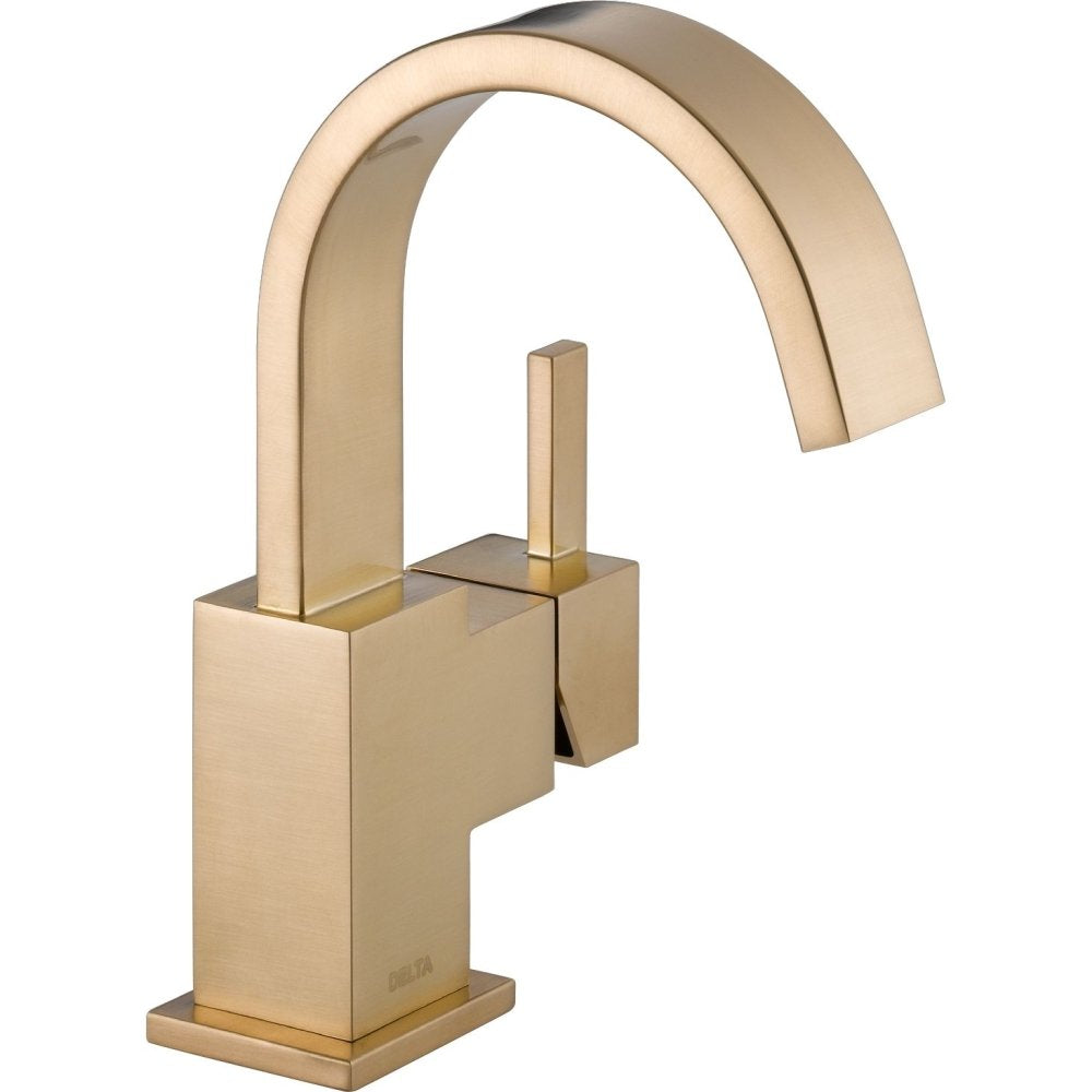 Champagne bronze single-handle bathroom faucet with curved spout and square base design.