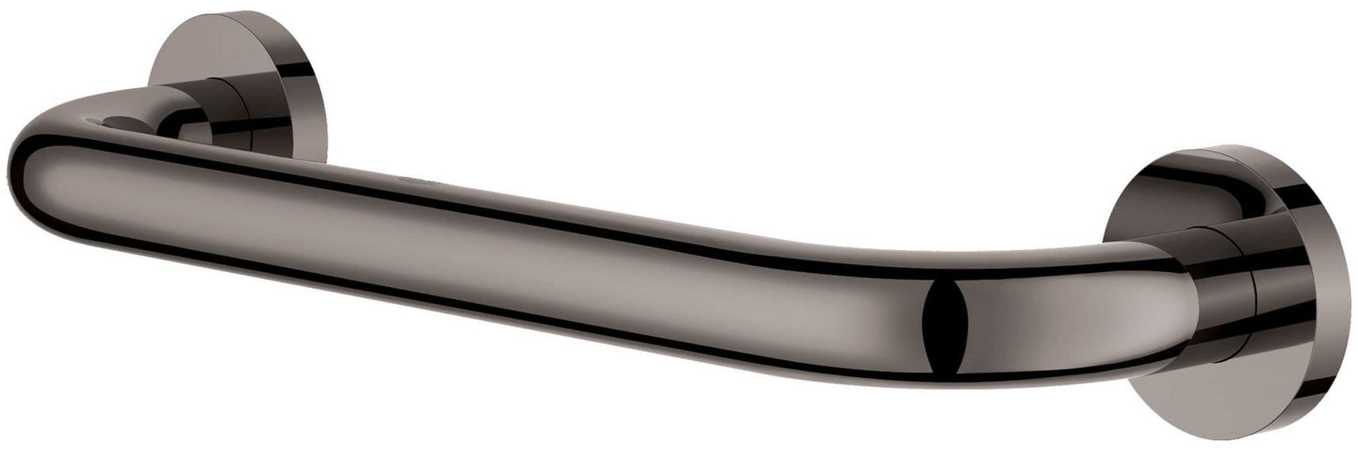 Brushed metal grab bar with curved cylindrical handle and round wall-mounted flanges on each end.