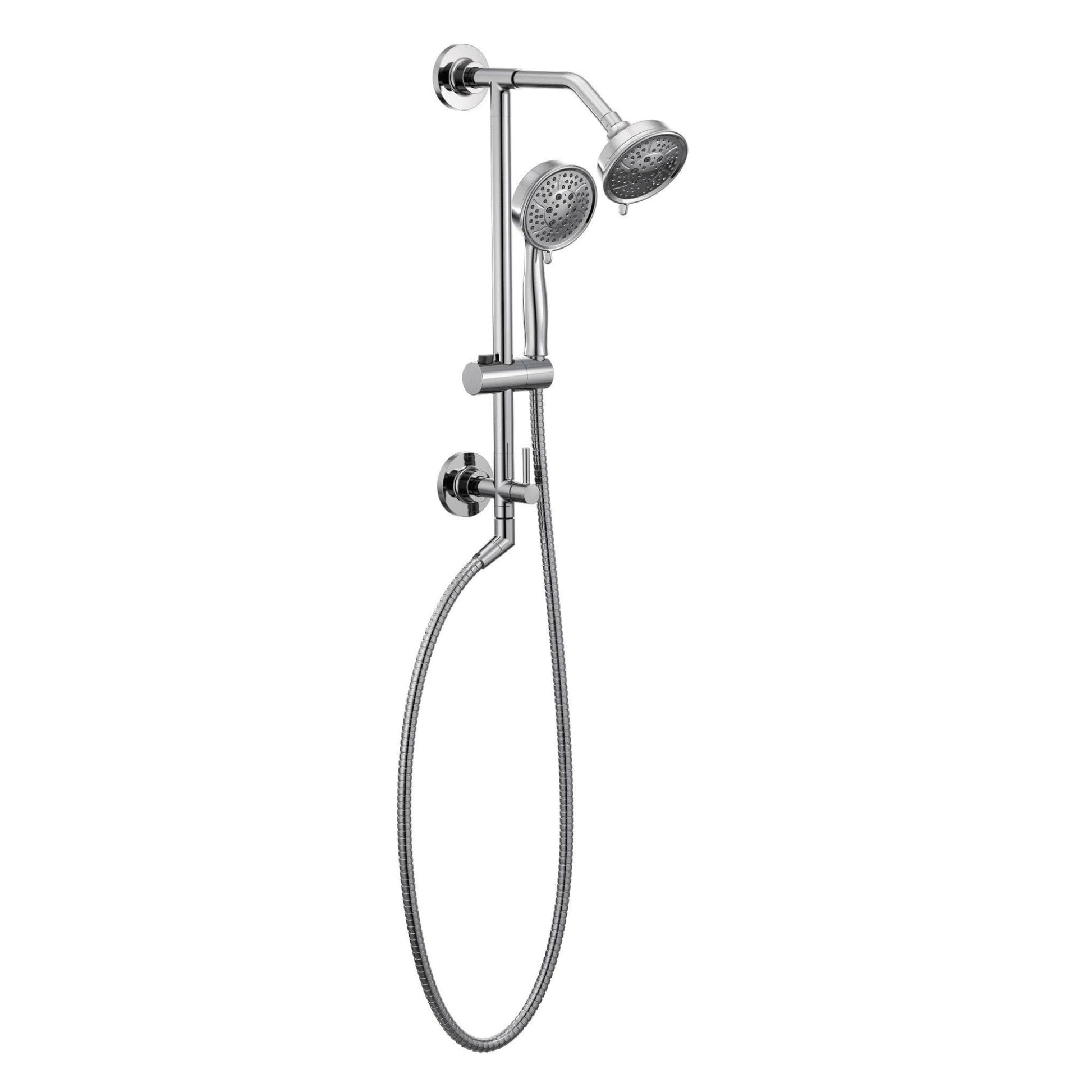 Chrome shower system with two round shower heads on adjustable arm, hand shower on hose, and wall-mounted controls.