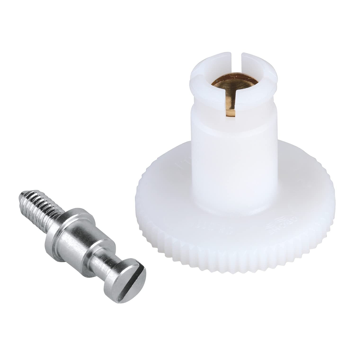 Chrome plated metal bolt and white plastic handle connection kit with brass insert.