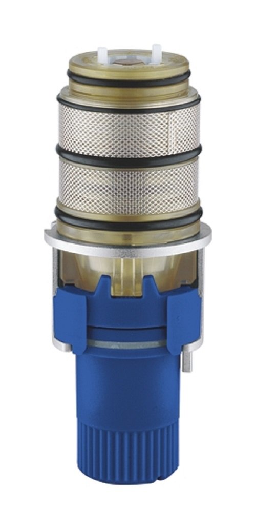 Grohe Turbostat thermostatic cartridge with mesh filter screens, brass rings, and blue plastic body assembly.