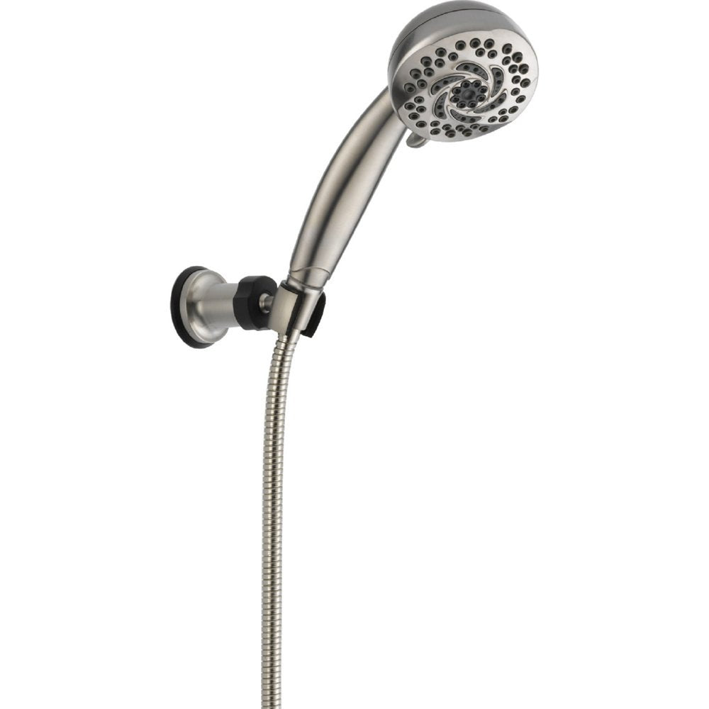 Brushed nickel hand shower head with multiple spray settings, wall-mounted bracket, and flexible hose connection.