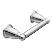 Chrome toilet paper holder with cylindrical bar and round wall-mounted flanges on both ends.