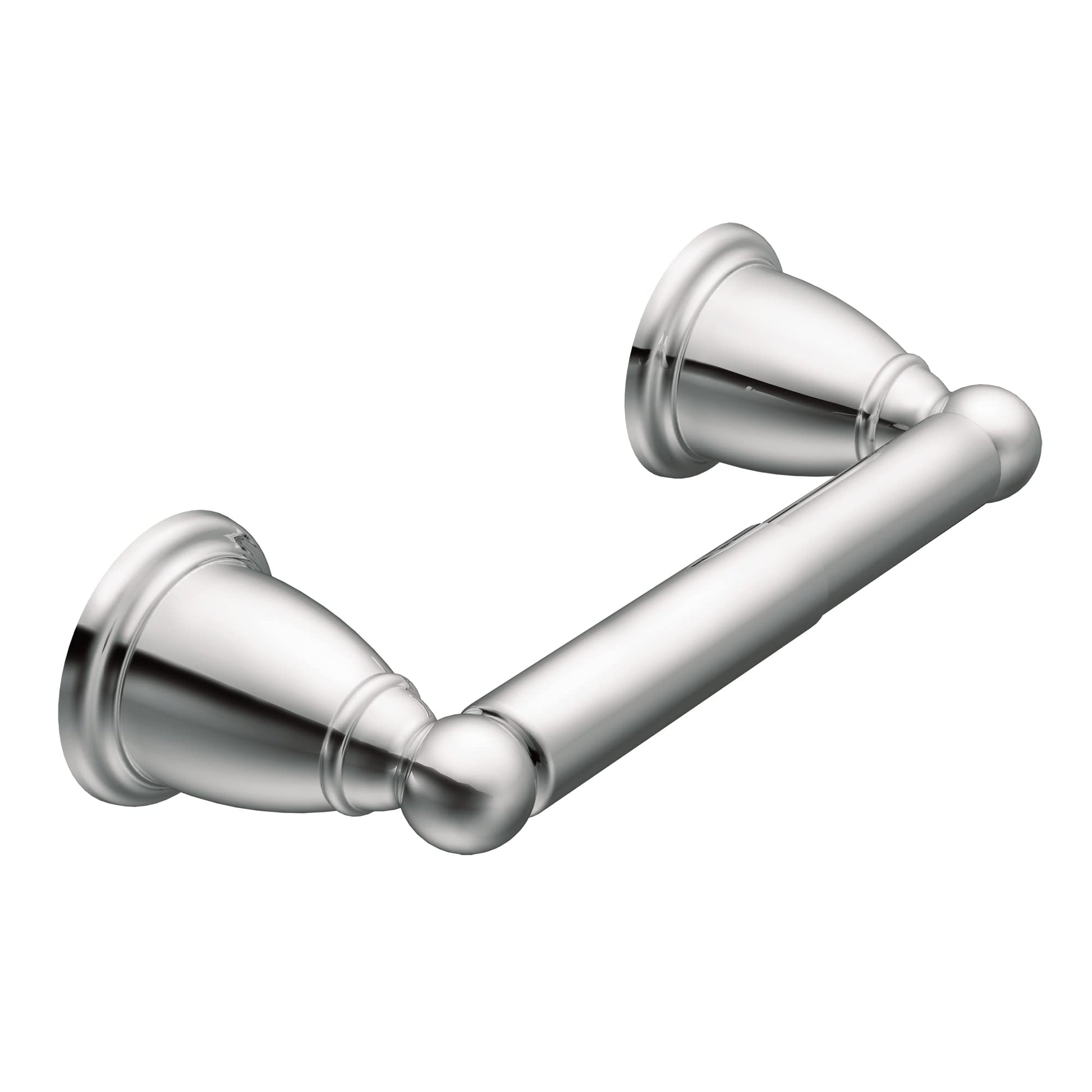 Chrome toilet paper holder with cylindrical bar and round wall-mounted flanges on both ends.