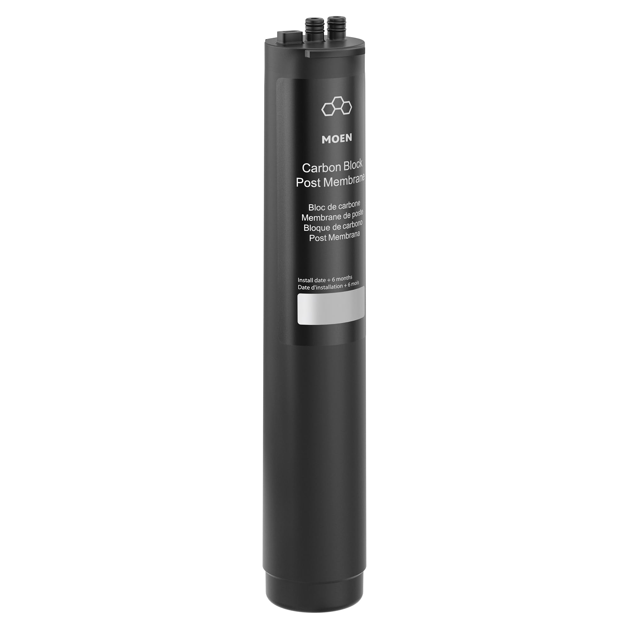 Black cylindrical Moen carbon block post-membrane replacement filter with threaded connectors at top and installation label.