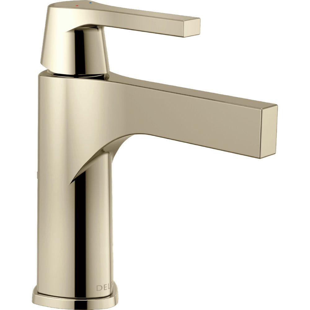 Polished nickel single-handle bathroom faucet with angular spout and cylindrical body.