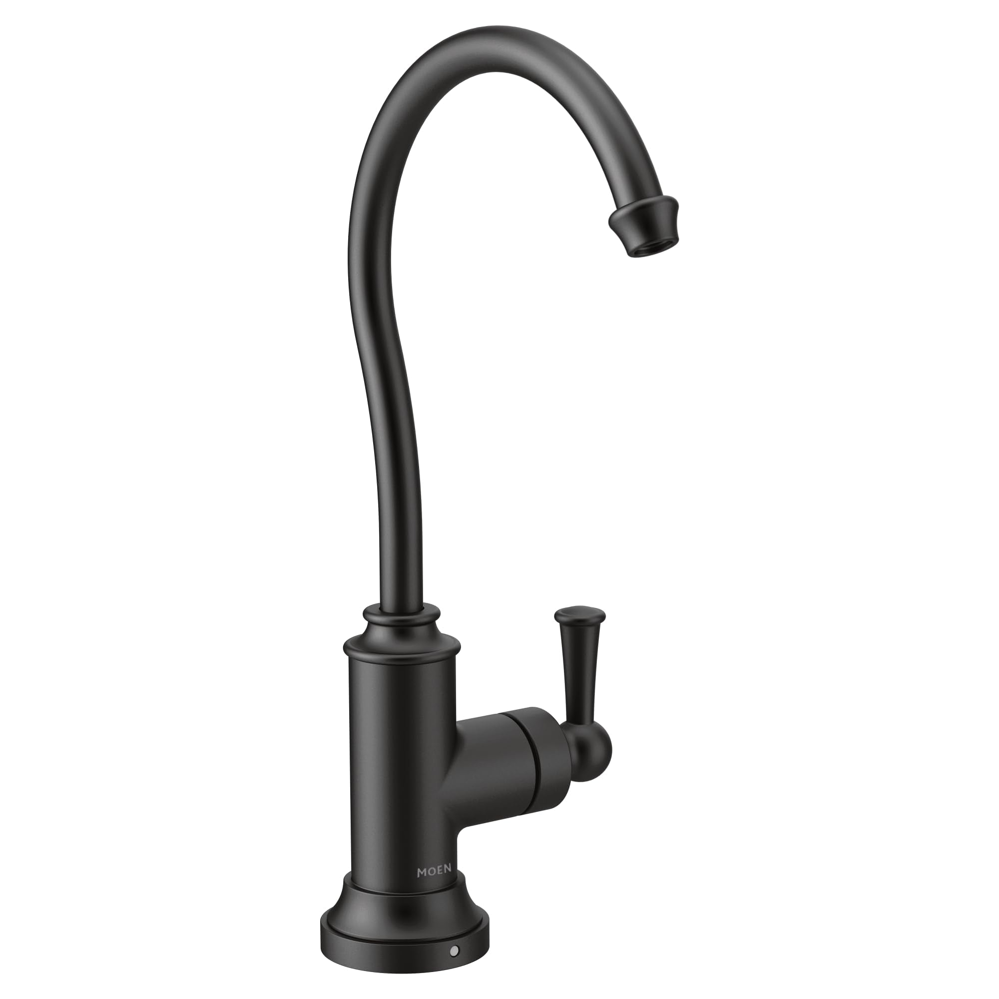 Moen Sip matte black traditional kitchen beverage faucet with curved spout and single lever handle.