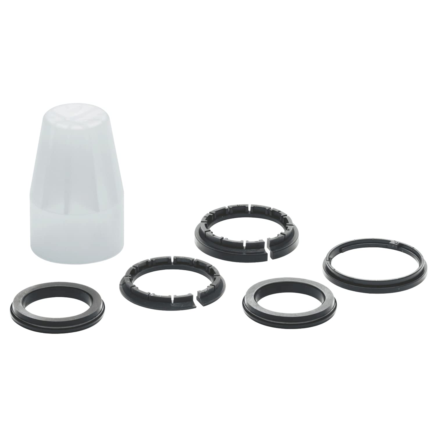 Grohe 46077000 seal kit containing translucent storage case and five black rubber and metal seal rings.