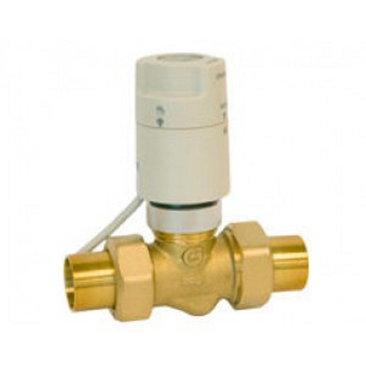 Brass zone valve with white actuator head and attached switch wire, 3/4" sweat connections.