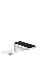 Chrome and black glass widespread bathroom faucet with rectangular spout and two side handles.