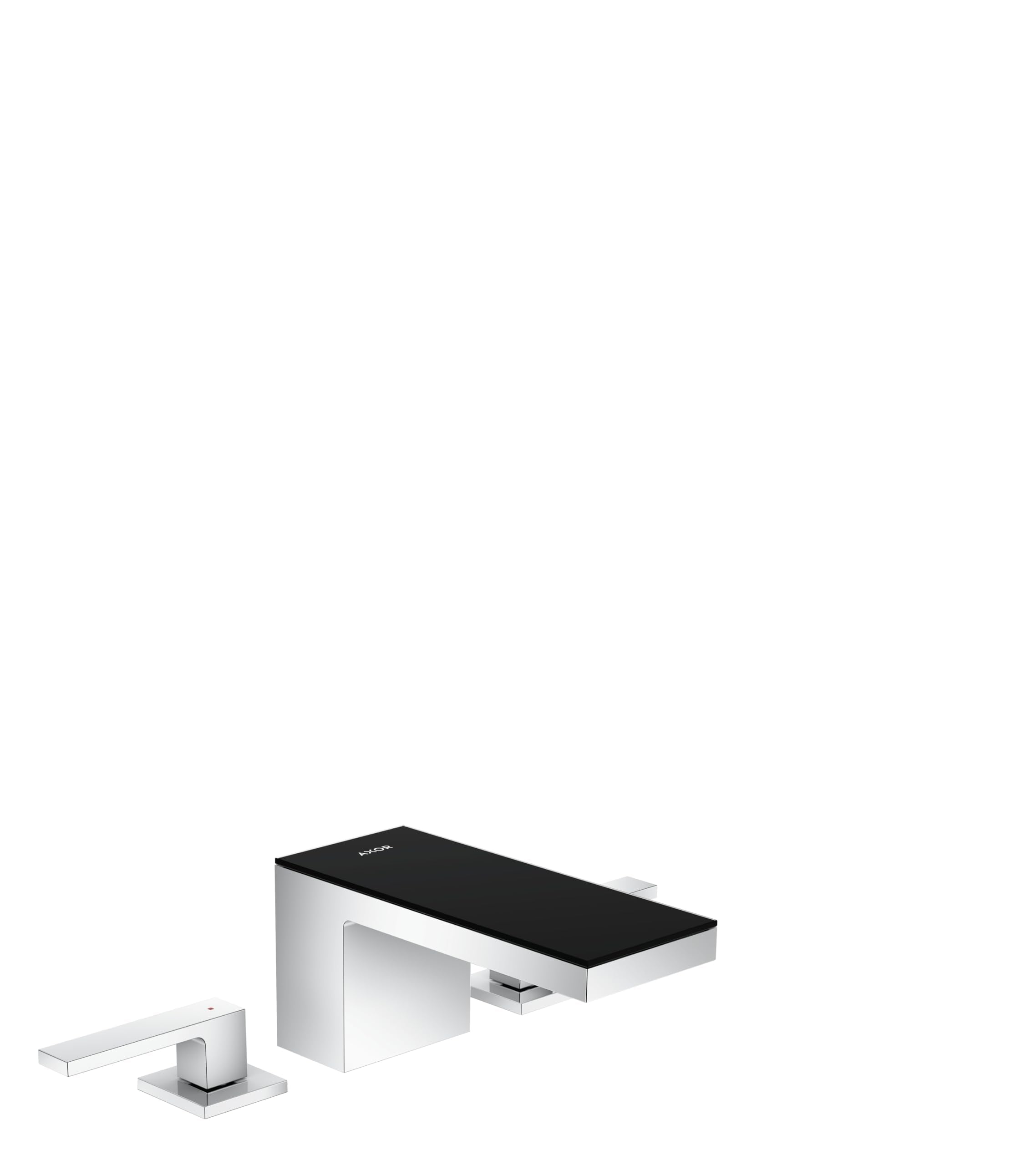 Chrome and black glass widespread bathroom faucet with rectangular spout and two side handles.