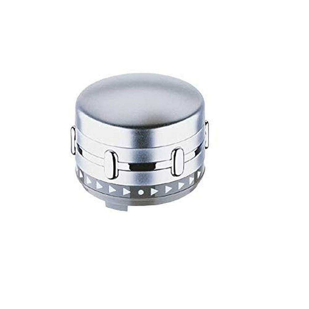 Chrome volume control handle with rounded top and two side levers for thermostatic valve.