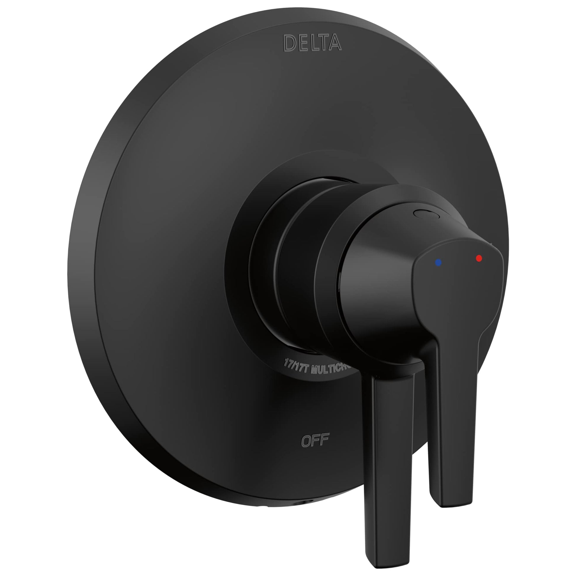 Matte black Delta Galeon 17 series valve trim with round escutcheon plate and lever handle with temperature indicator dots.