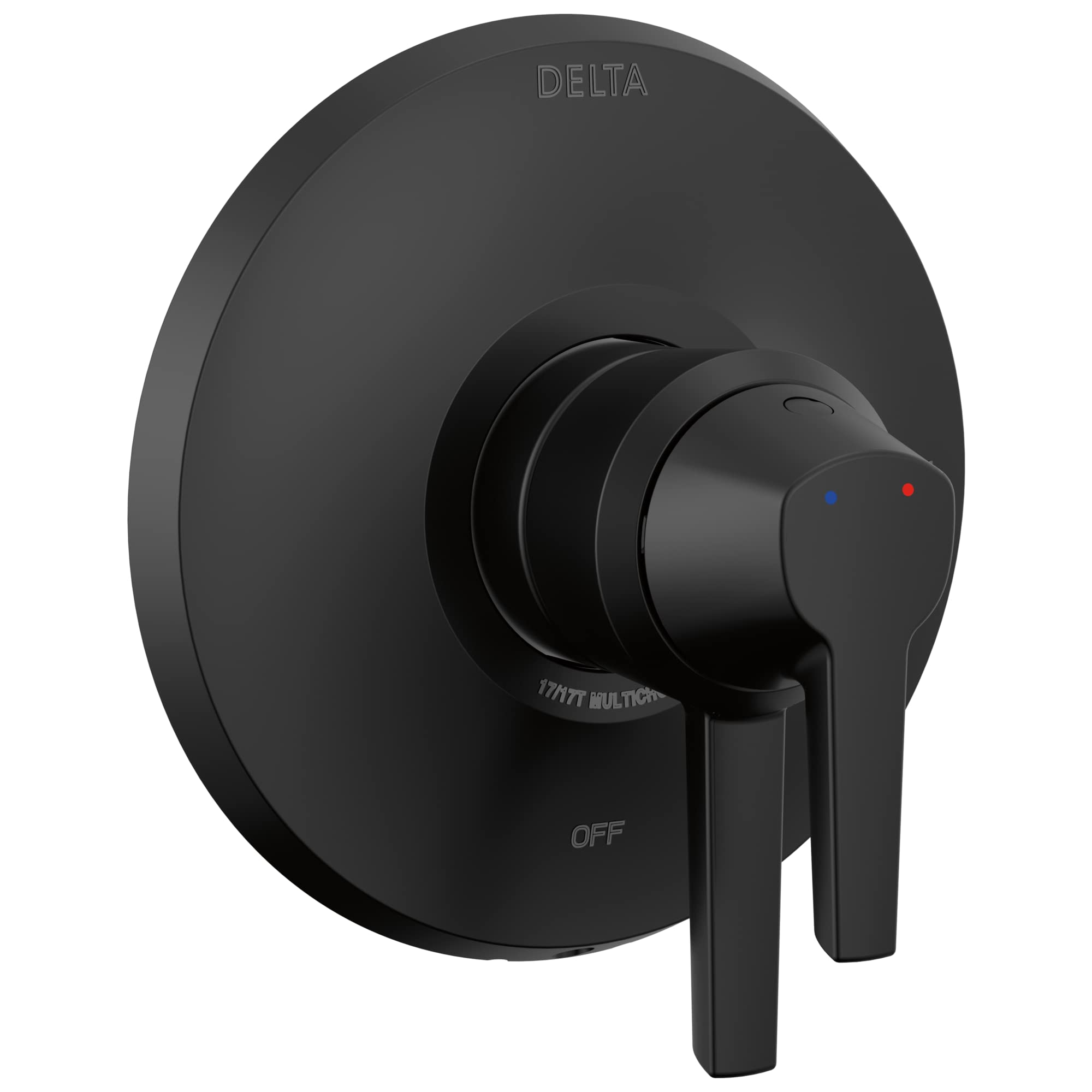 Matte black Delta Galeon 17 series valve trim with round escutcheon plate and lever handle with temperature indicator dots.