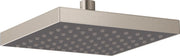 Stainless steel square raincan shower head with multiple spray jets and ceiling-mount pipe connection.