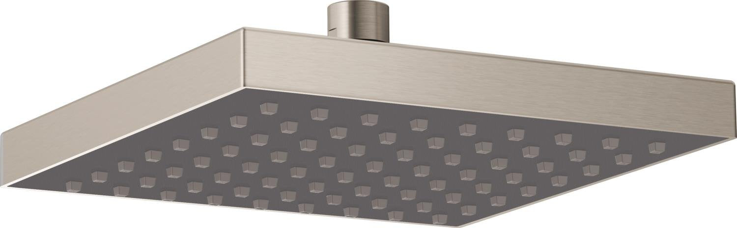 Stainless steel square raincan shower head with multiple spray jets and ceiling-mount pipe connection.