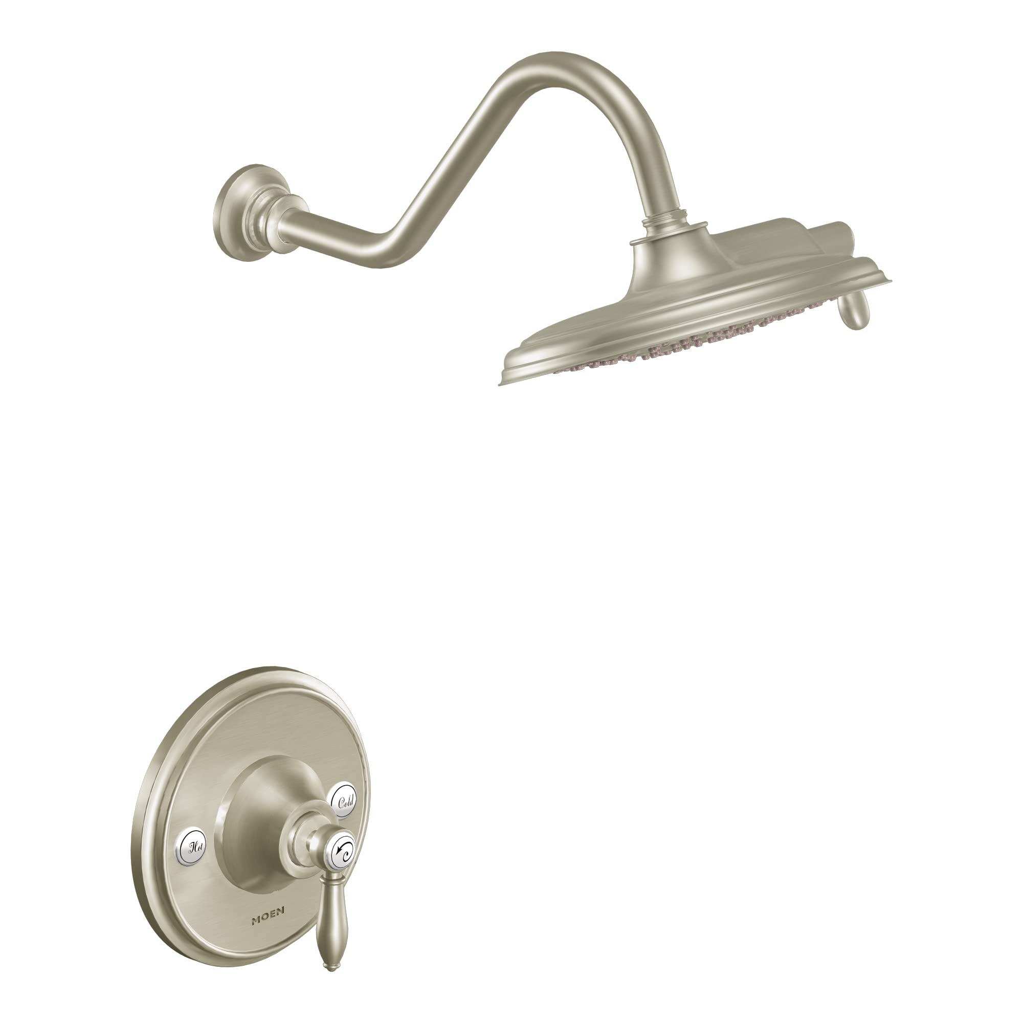 Brushed nickel shower trim with 9-inch rainshower head, curved arm, and round valve trim with lever handle.