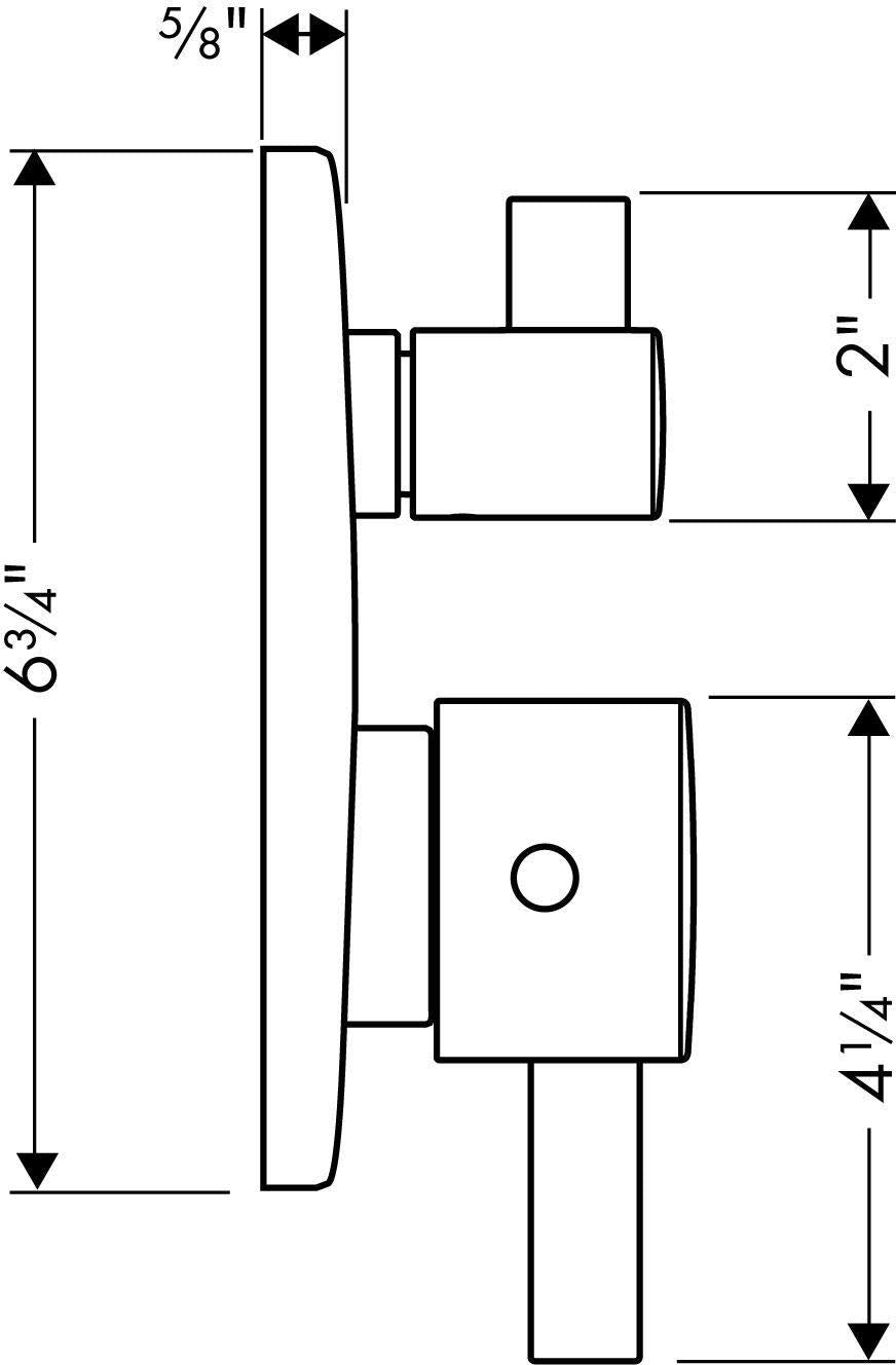 Chrome thermostatic valve trim with rectangular controls and dimension specifications shown in technical drawing format.