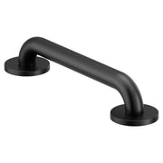 Black matte grab bar with curved design and round wall-mounted flanges at each end.