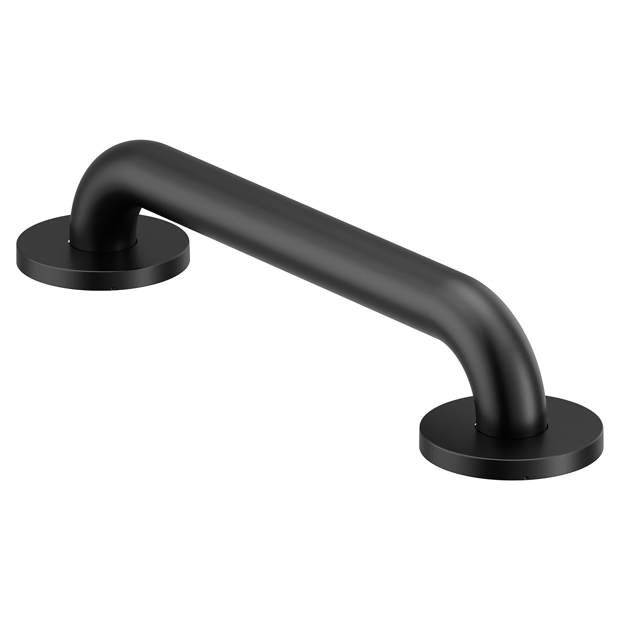 Black matte grab bar with curved design and round wall-mounted flanges at each end.