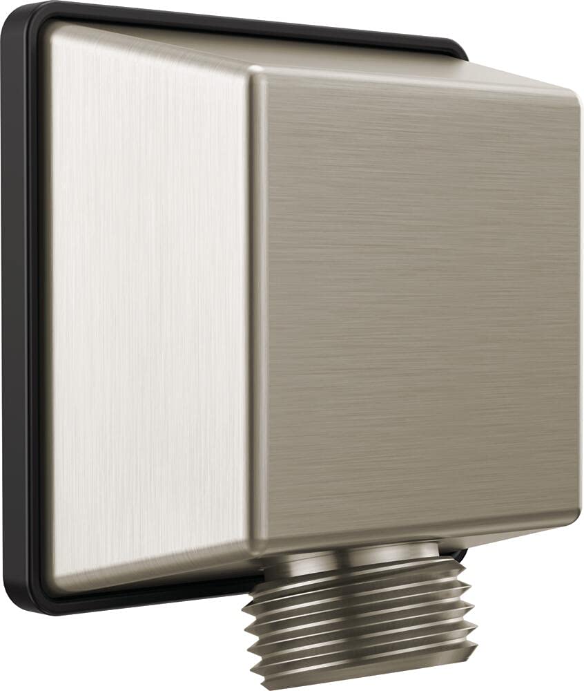 Brushed stainless steel square wall elbow with threaded male connection for hand shower attachment.