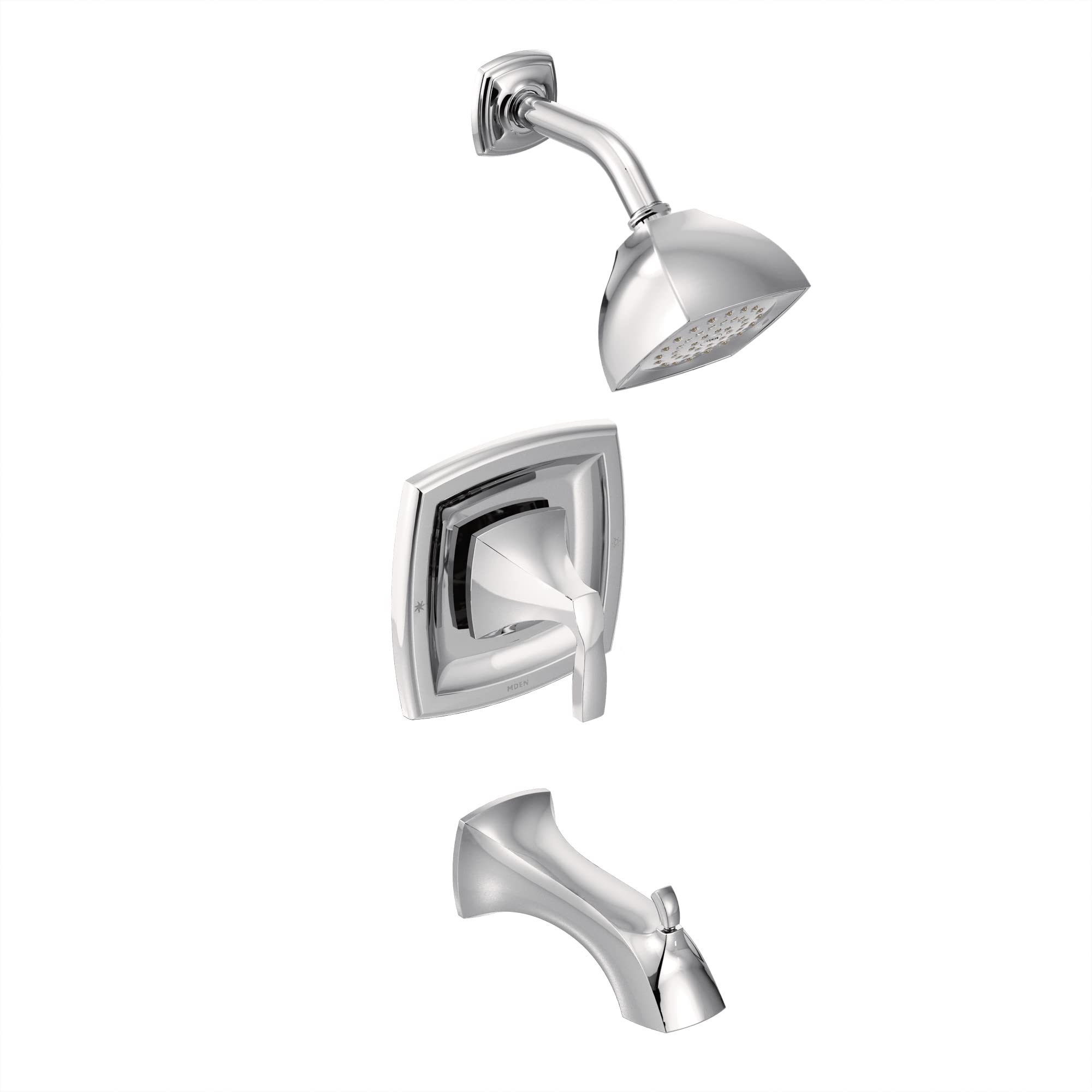 Chrome tub and shower trim kit with square valve handle, curved tub spout, and adjustable showerhead.