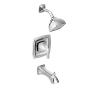 Chrome tub and shower trim kit with single-handle valve, curved spout, and showerhead with perforated face.