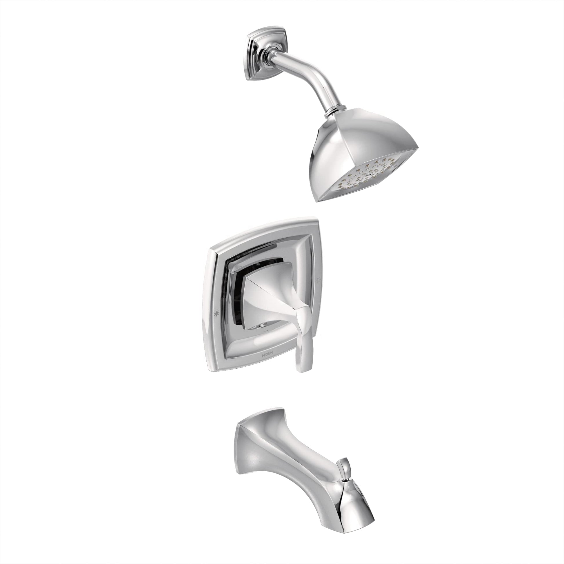 Chrome tub and shower trim kit with single-handle valve, curved spout, and showerhead with perforated face.