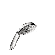 Chrome handheld showerhead with perforated face and cylindrical handle against white background.