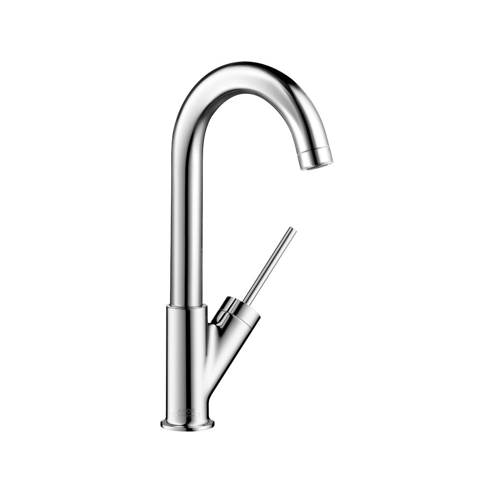 Chrome single-handle bar faucet with curved spout and angular lever handle.
