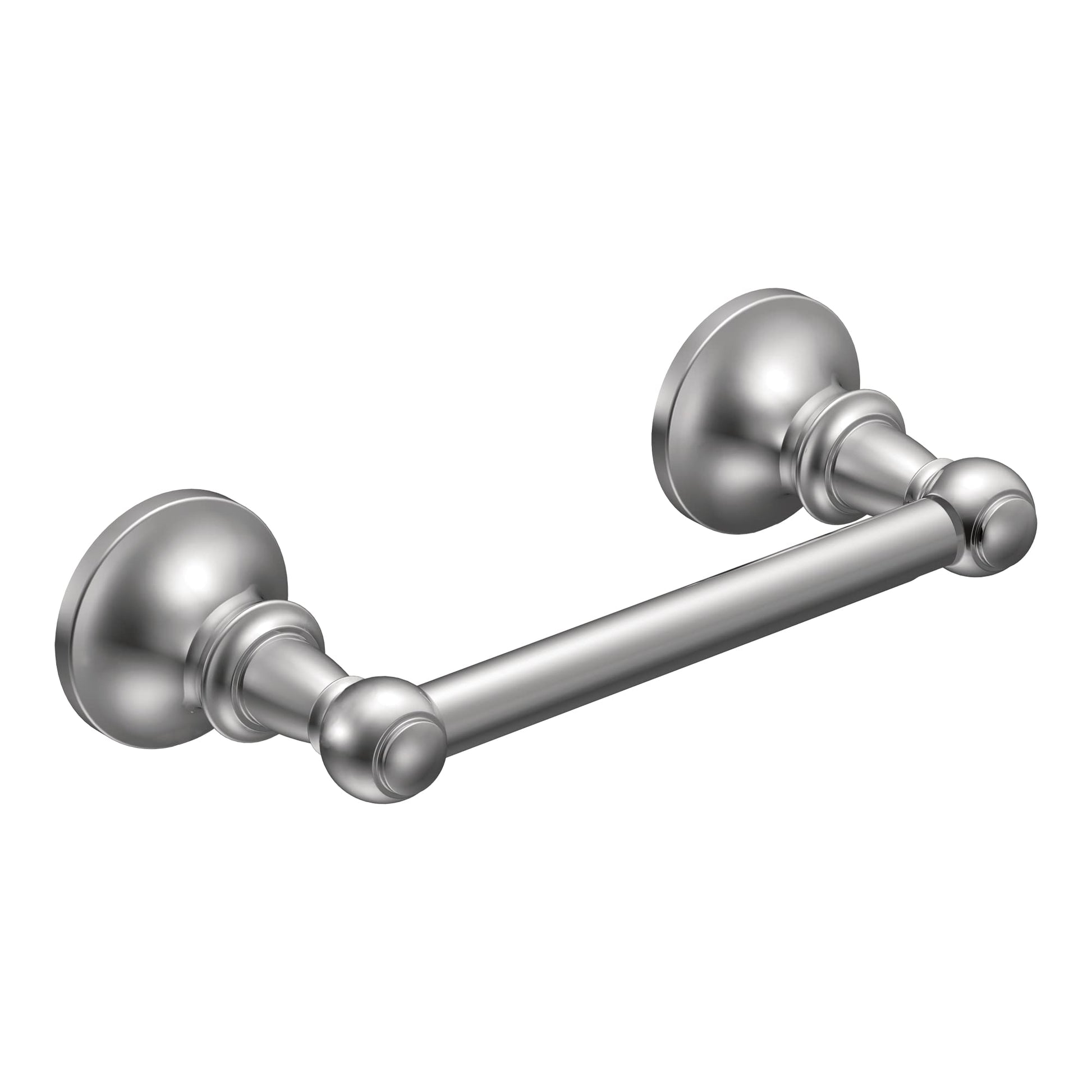 Chrome toilet paper holder with two spherical wall mounts connected by a horizontal bar.
