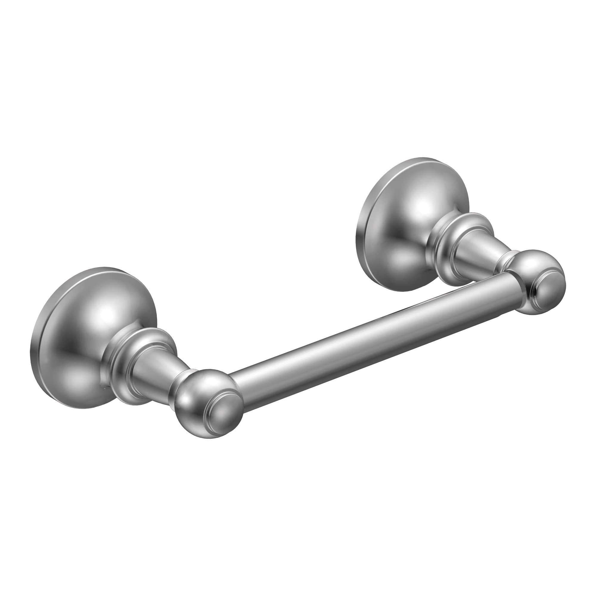 Chrome toilet paper holder with two spherical wall mounts connected by a horizontal bar.