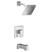 Chrome tub and shower trim kit with square showerhead, curved arm, single handle valve, and tub spout.
