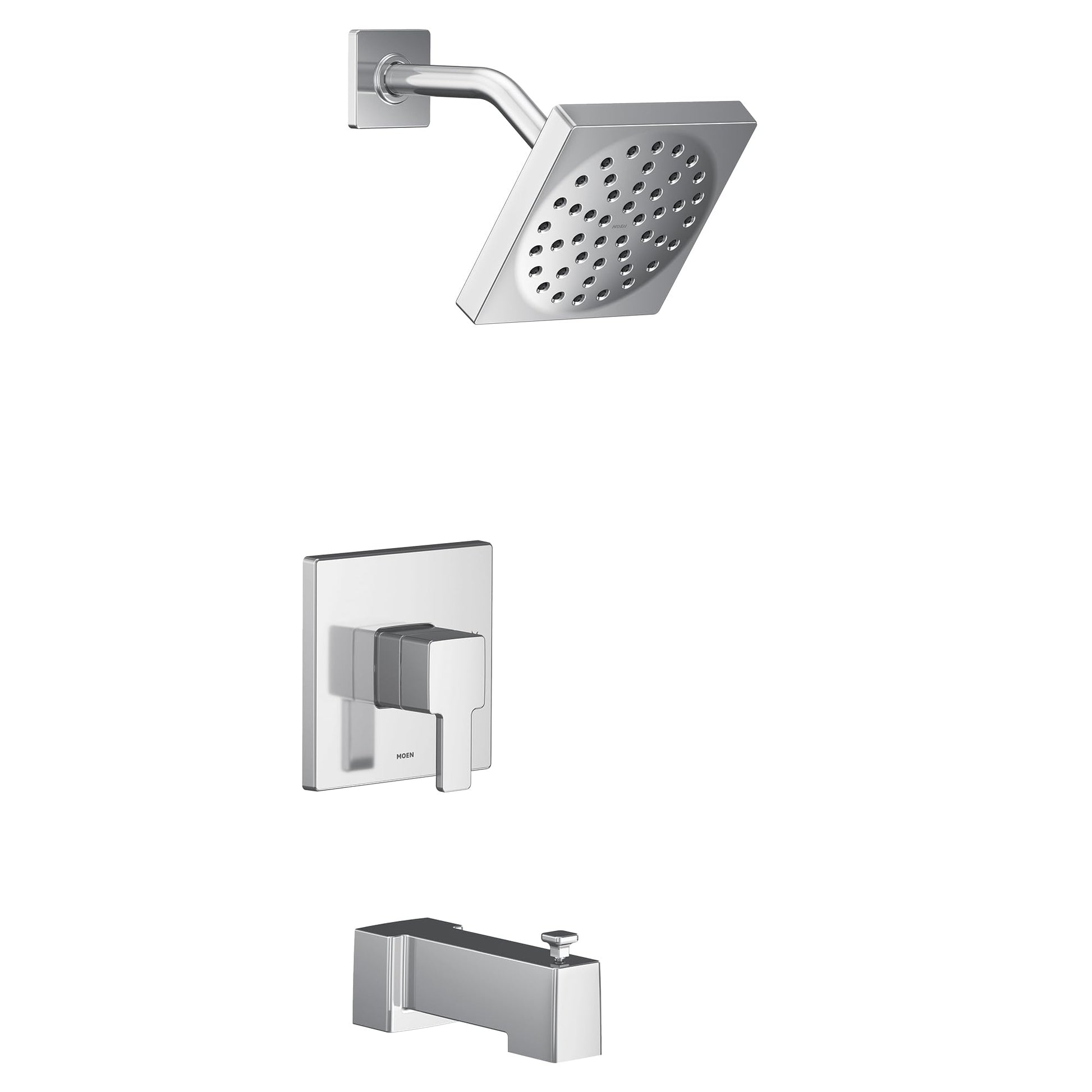 Chrome tub and shower trim kit with square showerhead, curved arm, single handle valve, and tub spout.